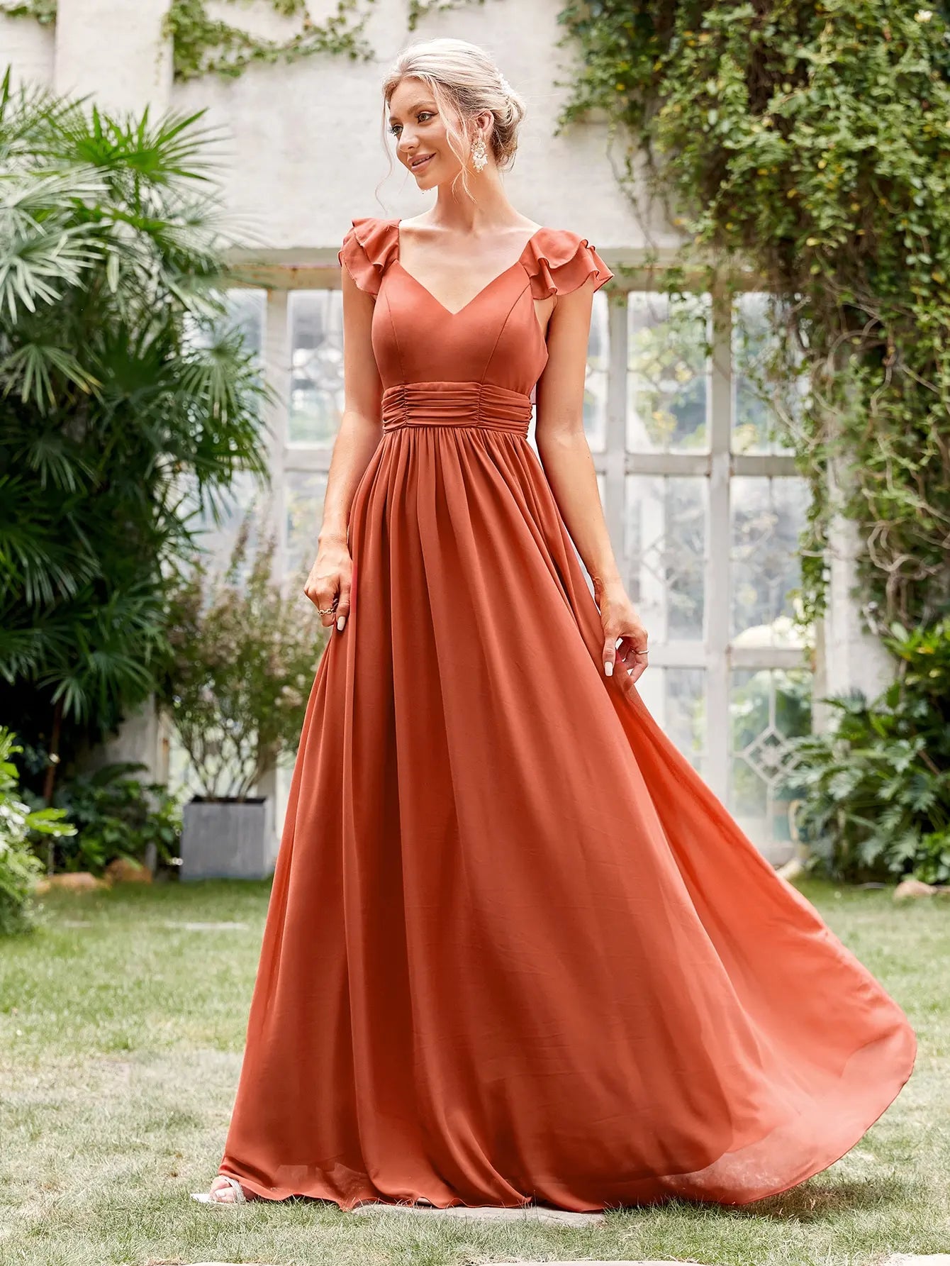 Mgiacy V-neck cap sleeve ruffle lace Extra long evening gown Ball dress