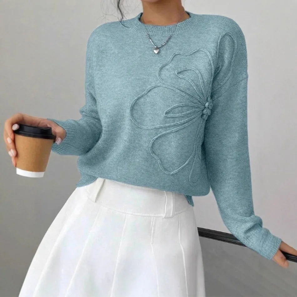 Slimming Effect Knitted Pure Color Floral Print Full Sleeve  Pullover Sweater