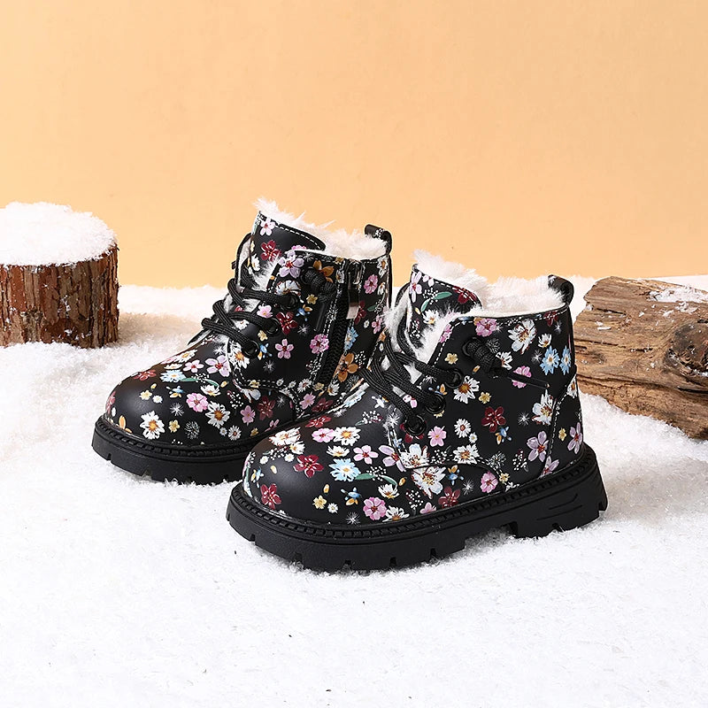 Winter Snow Leather Flower Warm Plush Toddler Non-slip Boots EU 23-31