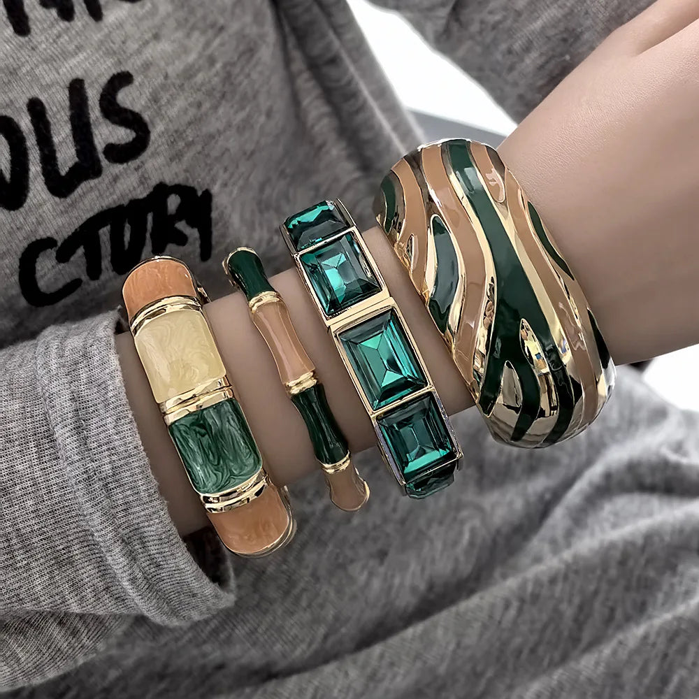 Minimalist Green Zinc Alloy Bangles Geometric Wide Cuff Open Bangle Bracelets
