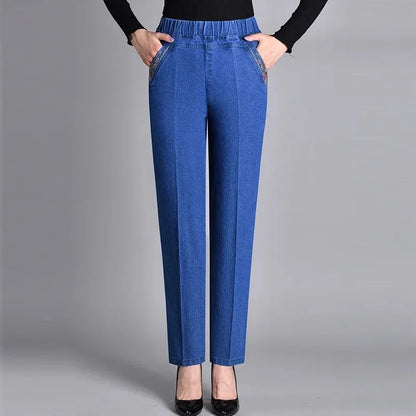Thin Denim Loose Elastic Waist  Casual High Waist Pans