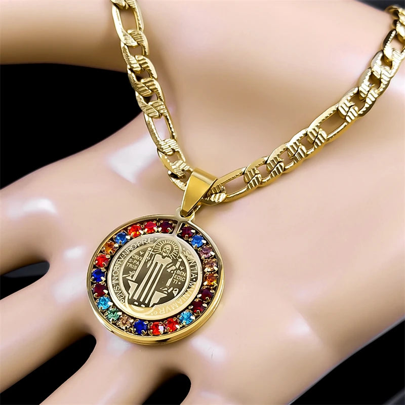 Colorful Crystal Saint Benedict Medal Necklace