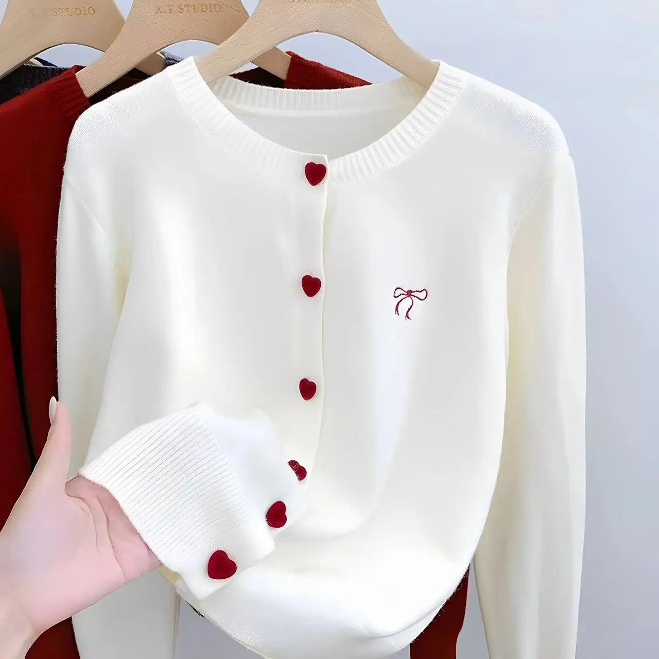 Cardigan Bow O-Neck Heart-shaped Button Sweater