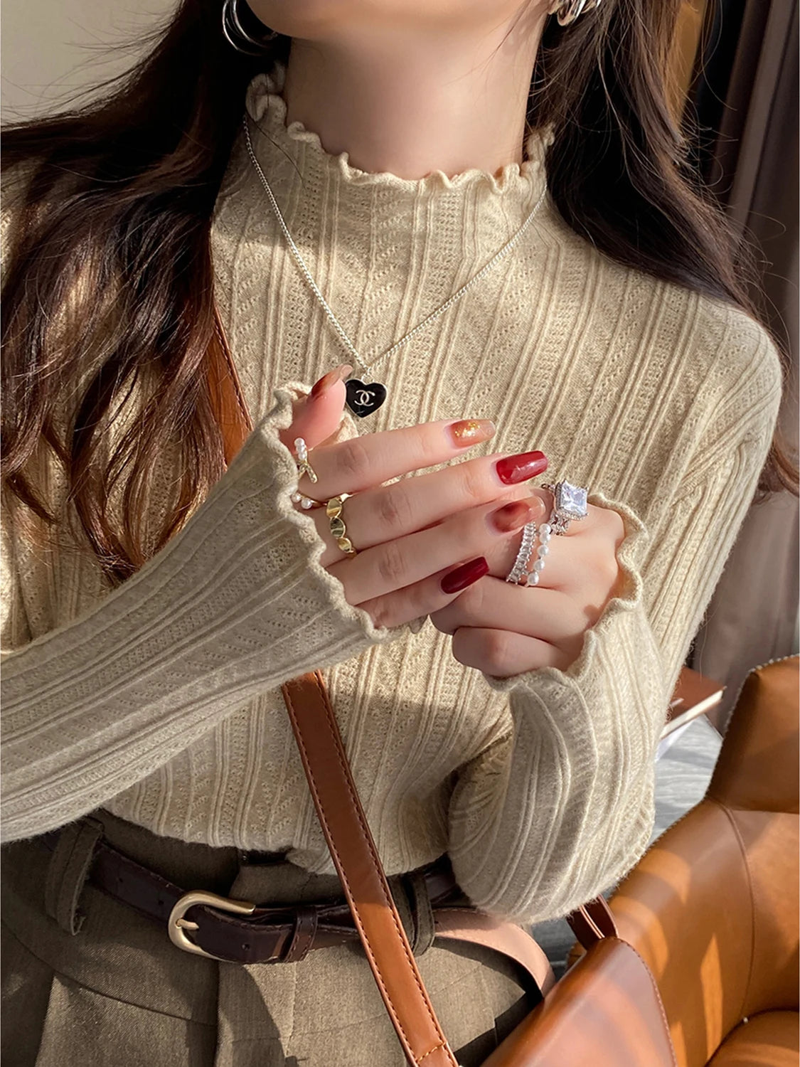Knitted Sweater Long Sleeve Mock Neck White Knit Sweater Pullover