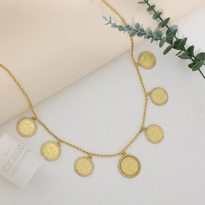 Moroccon Solid Coins Gold Plated With Rhinestone Single Chain Arabic Necklace