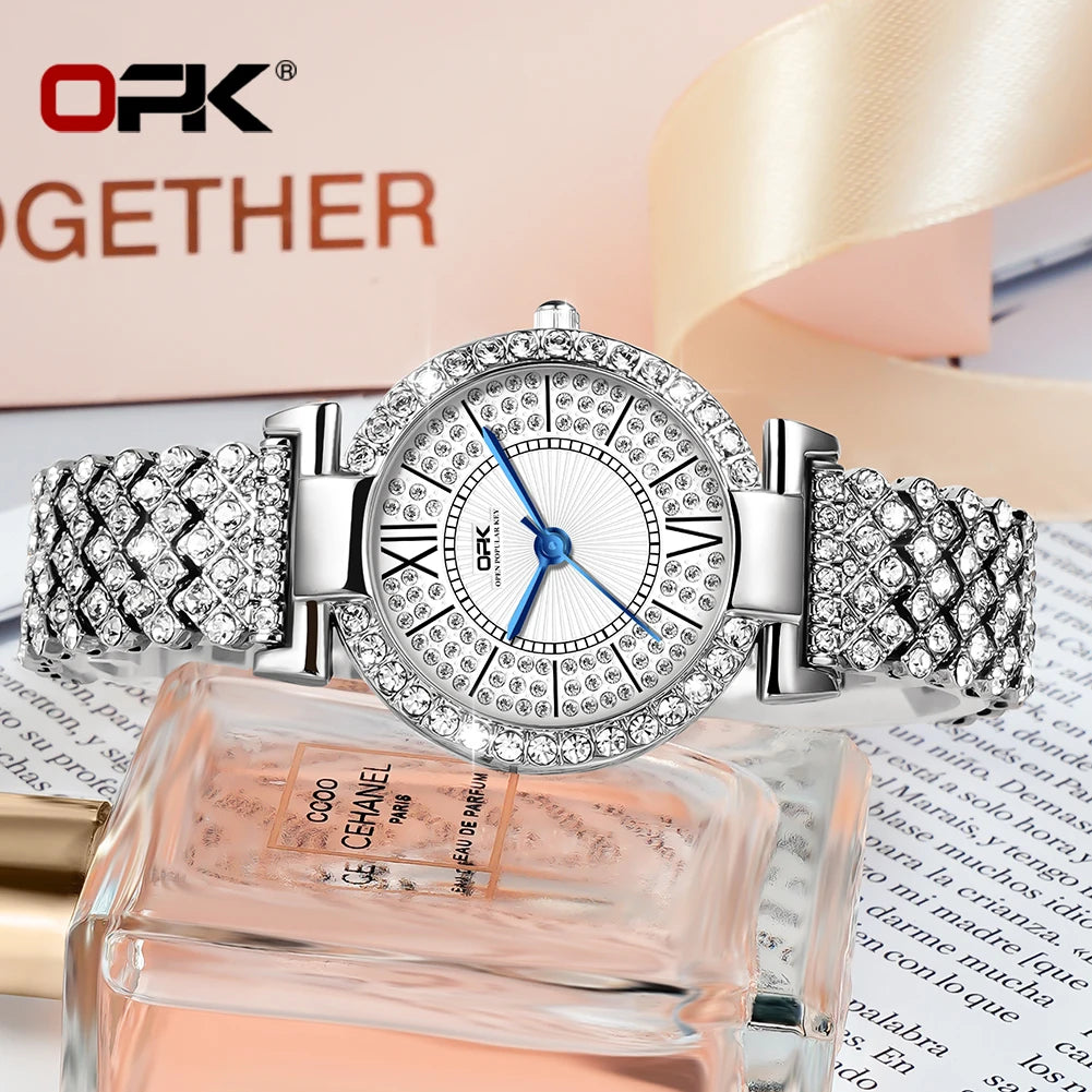 Full Diamond Waterproof Roman Scale Steel Belt Quartz Watch