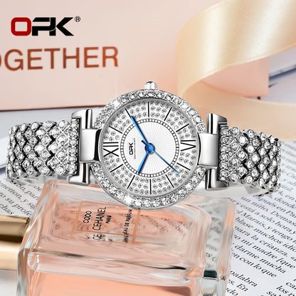 Full Diamond Waterproof Roman Scale Steel Belt Quartz Watch