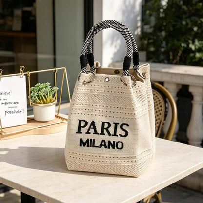 Letter Print Hollow Knit Bucket Lightweight Woven Handbag Small Tote Bag