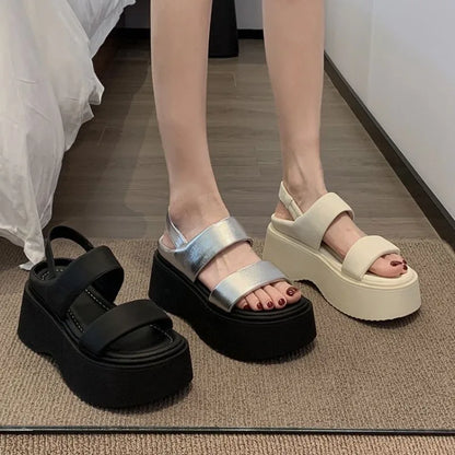 Chunky 8CM High Heels Leather Thick Bottom Flip Flops