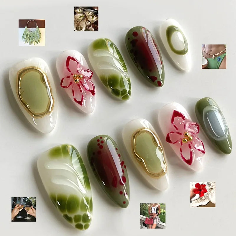 24pcs/Box Long Coffin False Nails Art Rose with Glue Wearable Jelly Nails