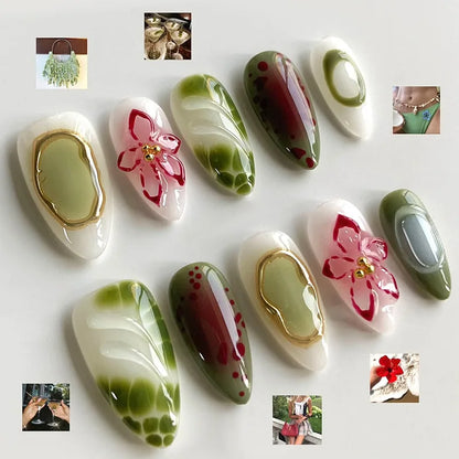 24pcs/Box Long Coffin False Nails Art Rose with Glue Wearable Jelly Nails