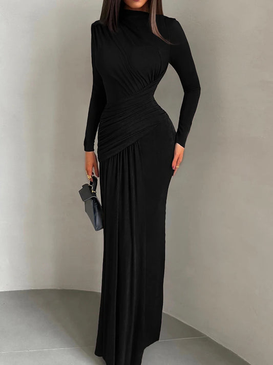 Folds Maxi Full Sleeve Elegant Skinny Dress