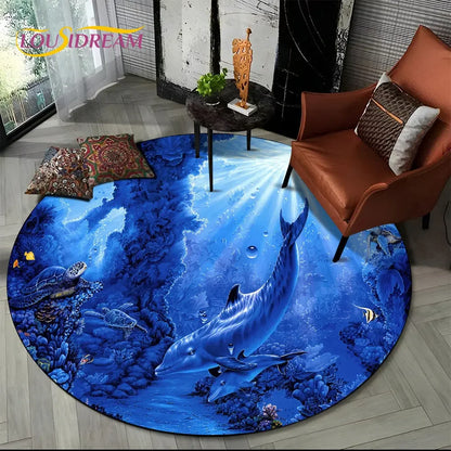 3D Seabed Illusion Underwater World Dolphin Round Area Rug