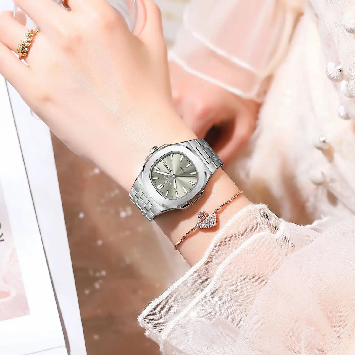 Square Date Week Waterproof Luminous Stainless Steel Quartz Watches