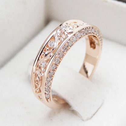 Rose Gold Shiny CZ Aesthetic Flower Pattern Rings