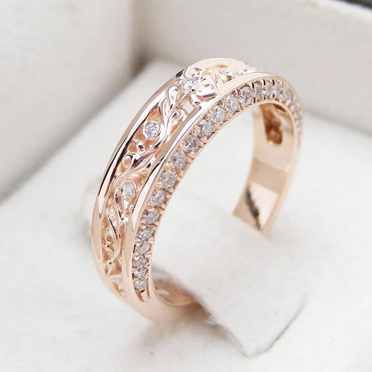 Rose Gold Shiny CZ Aesthetic Flower Pattern Rings