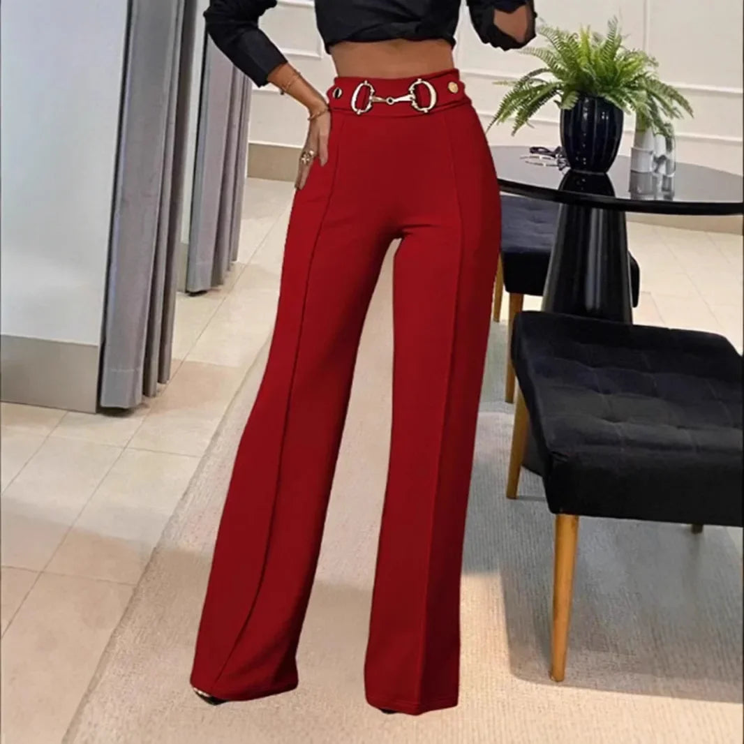 High-Waisted Metal Buckle Straight-Leg Pants