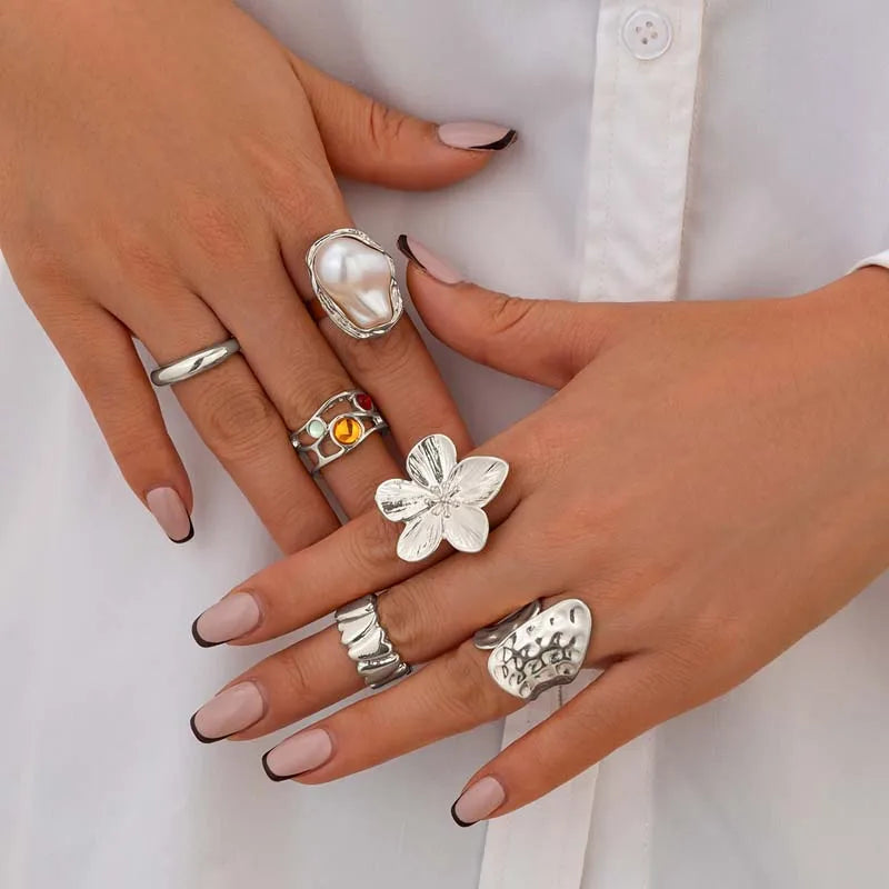 6Pcs/Set Gold Color Imitation Pearl Open Ring