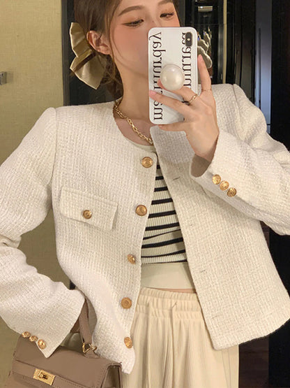 French Wool Tweed High-end Gold Button Short Slim  Korean Jacket