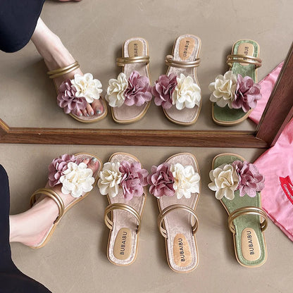 Double Flower Lightweight Flat Bottom Cool Slippers