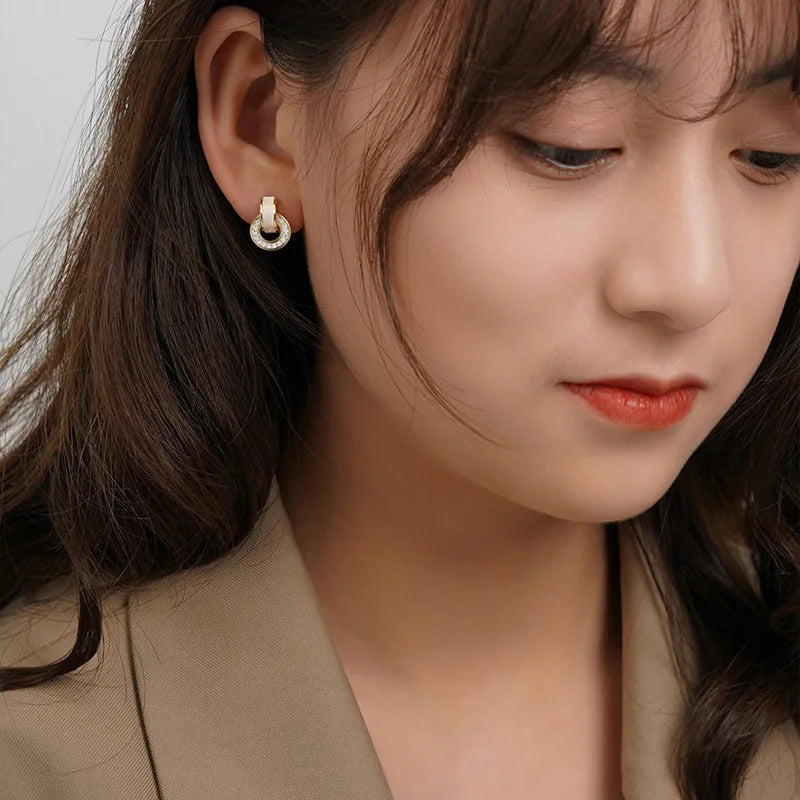 Korean Crystal Geometric Round Earrings