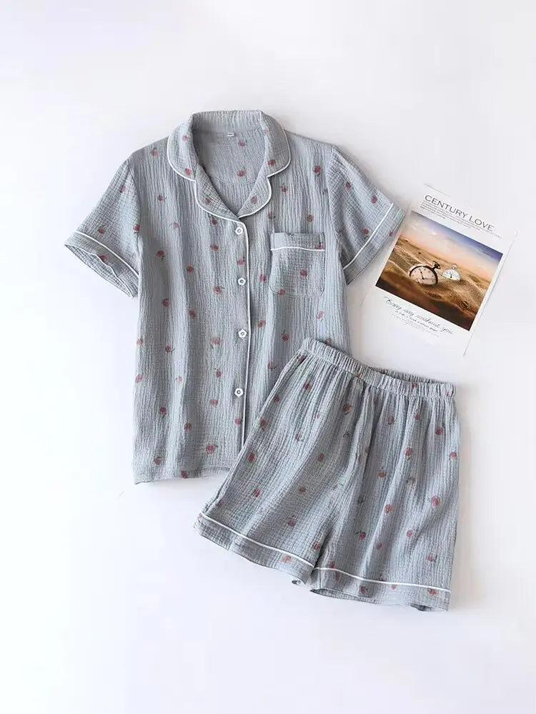 Short-sleeved 100% Cotton Crepe Cloth Thin Loose Pajama Sets