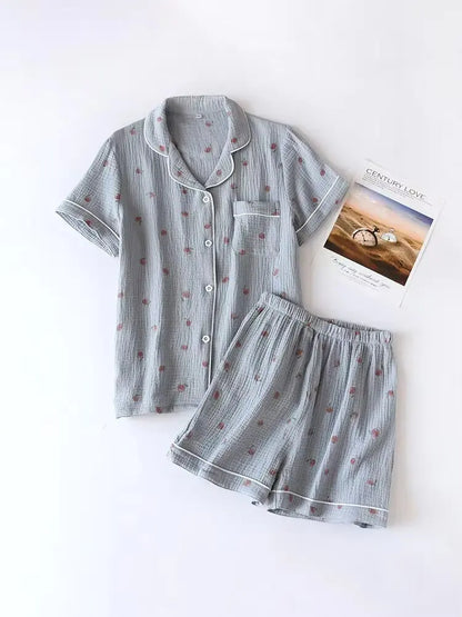 Short-sleeved 100% Cotton Crepe Cloth Thin Loose Pajama Sets