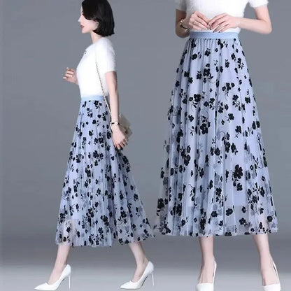 Korean Tulle  Floral Loose Midi Skirt