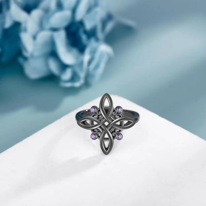 Black Witch Knot Rings 925 Silver Plating Mystical Purple Zircon Ring