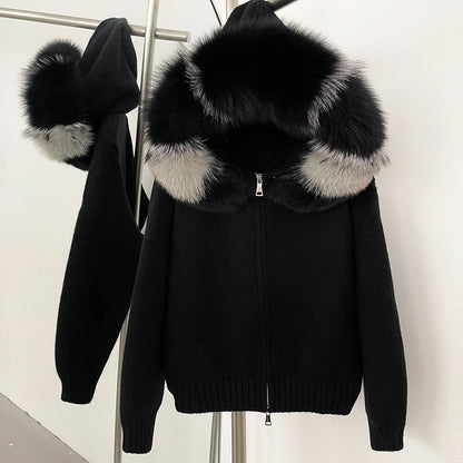 Autumn Winter Casual Hooded Real Fox Fur Collar Short Knitted Jacket