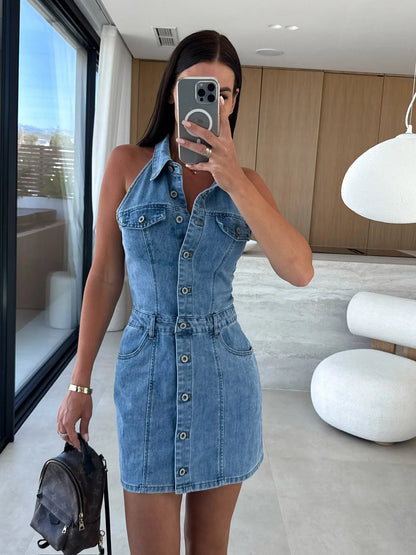Low-cut Collar Single-breasted Button-down Dress