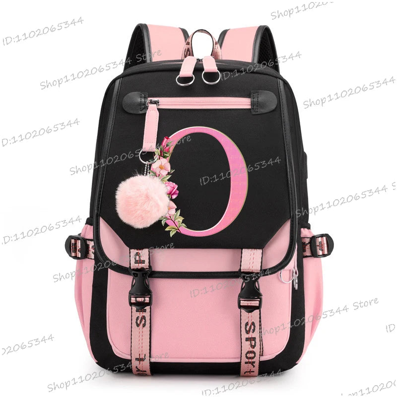 Black Pink Backpacks 26 Initials Flower A-Z Alphabet Large Capacity Students Bookbag