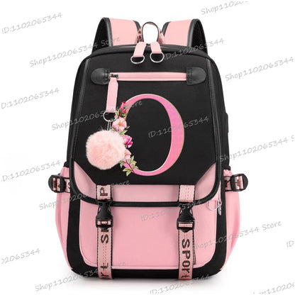Black Pink Backpacks 26 Initials Flower A-Z Alphabet Large Capacity Students Bookbag