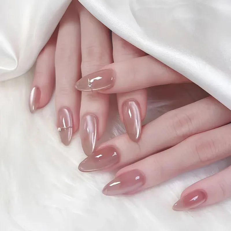 24pcs/Box Long Coffin False Nails Art Rose with Glue Wearable Jelly Nails