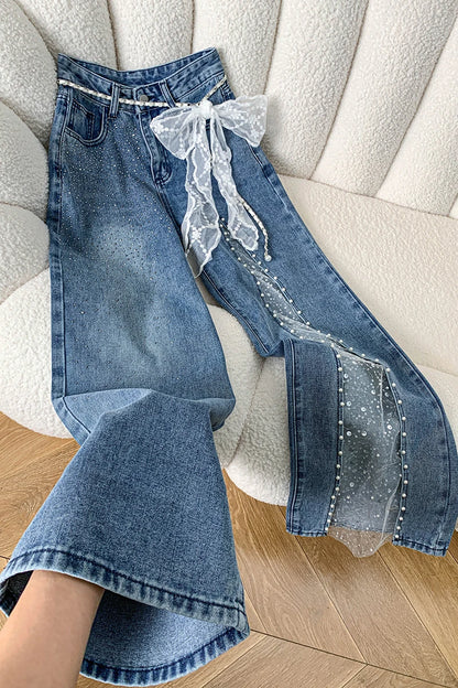 Baggy Jeans Flare Lace Applique Crystal Wide Leg Pearl Slit Pants