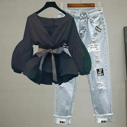 Lantern Sleeve Bow Slim Chiffon Shirt Set