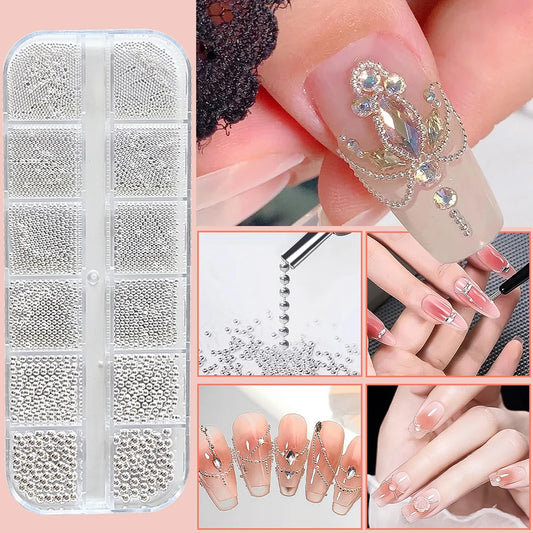 12Grids Mini Caviar Beads Nail Art Decorations Metal