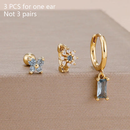 14K Gold Plated Zircon Square Hoop Stainless Steel Butterfly Stud Earring Set