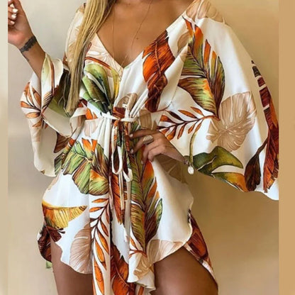 Bat Sleeve Ruffle Flowers Bohemian Mini Dress