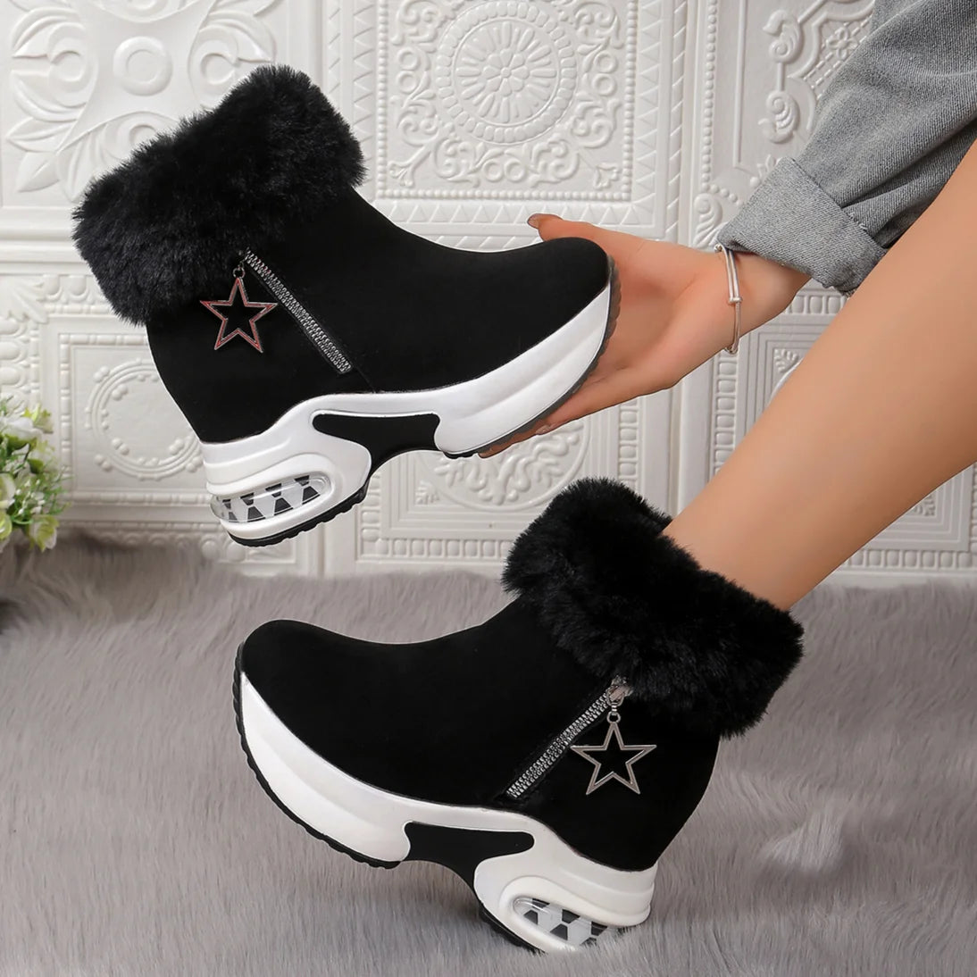 Winter Casual High Heels Thickened Fluff Wedge Platform Snow Boots
