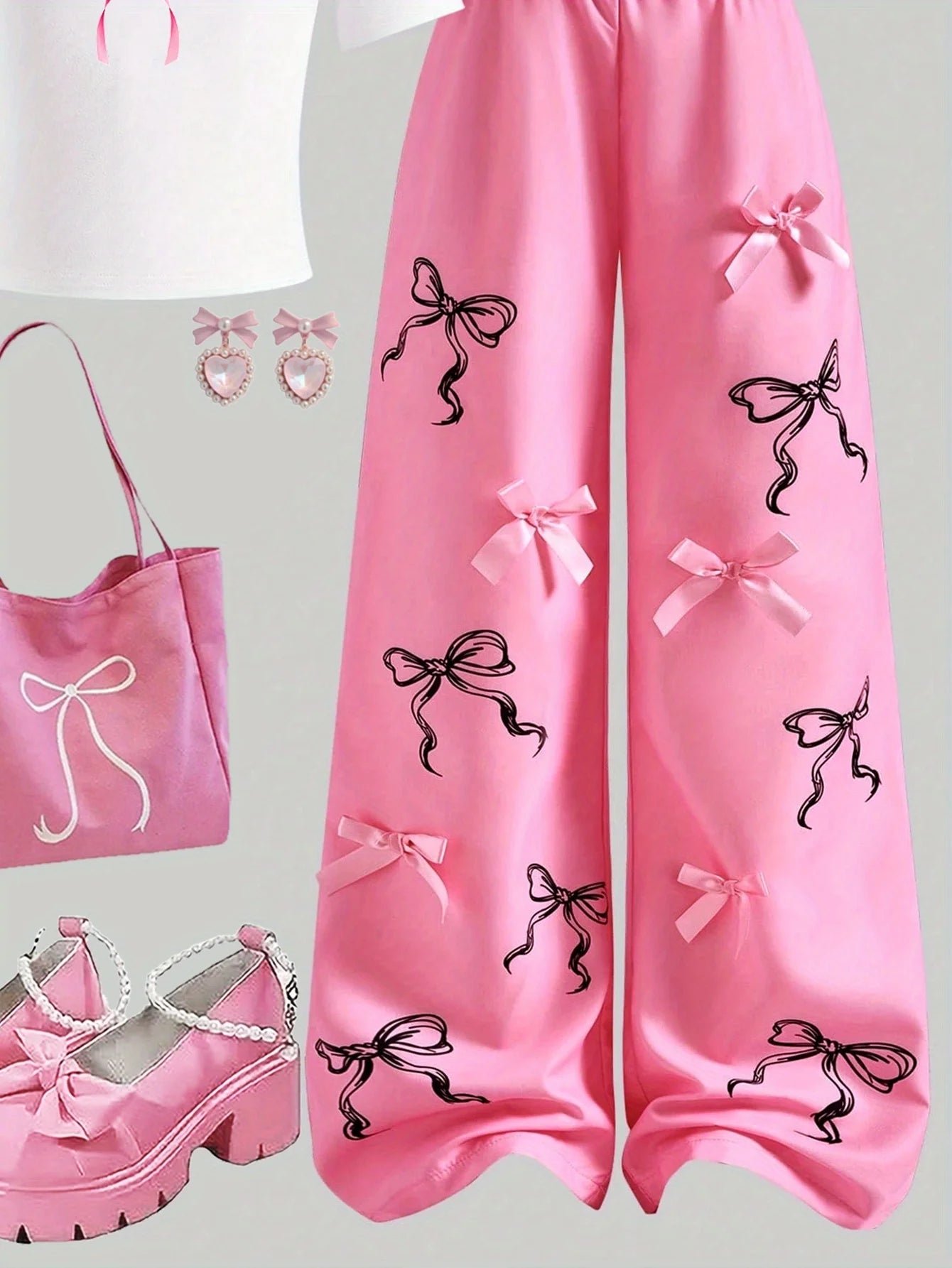 Letter-Print Short-Sleeve T-Shirt and Hot Pink Bow Wide-Leg Pants Set