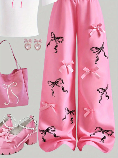 Letter-Print Short-Sleeve T-Shirt and Hot Pink Bow Wide-Leg Pants Set