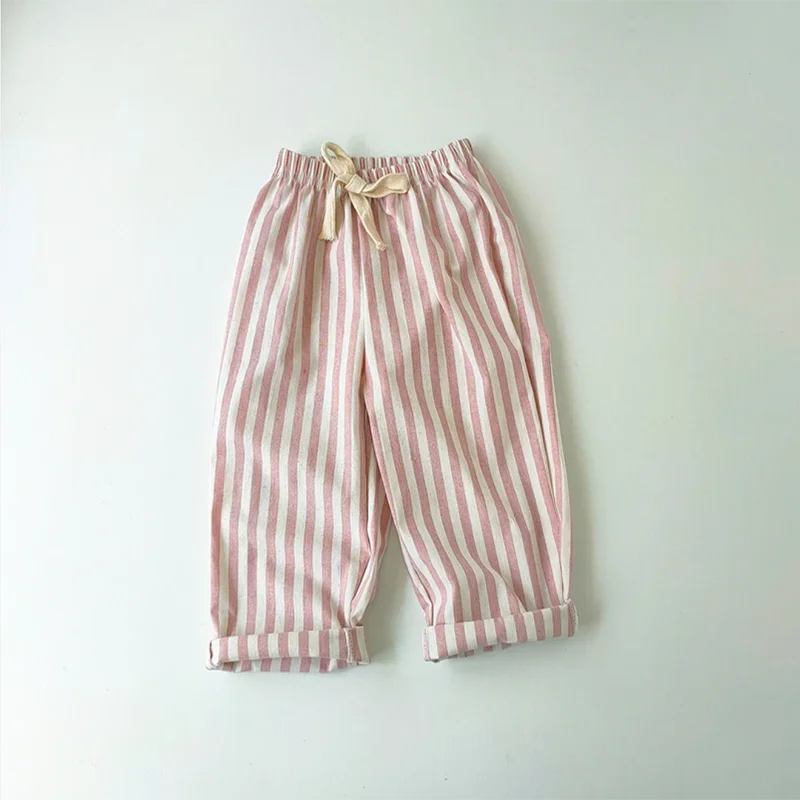Retro Hemp Cotton Striped Casual Elastic Waist Pants