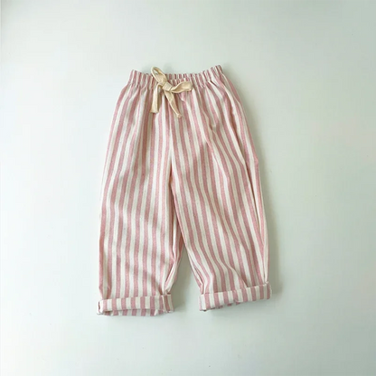 Retro Hemp Cotton Striped Casual Elastic Waist Pants