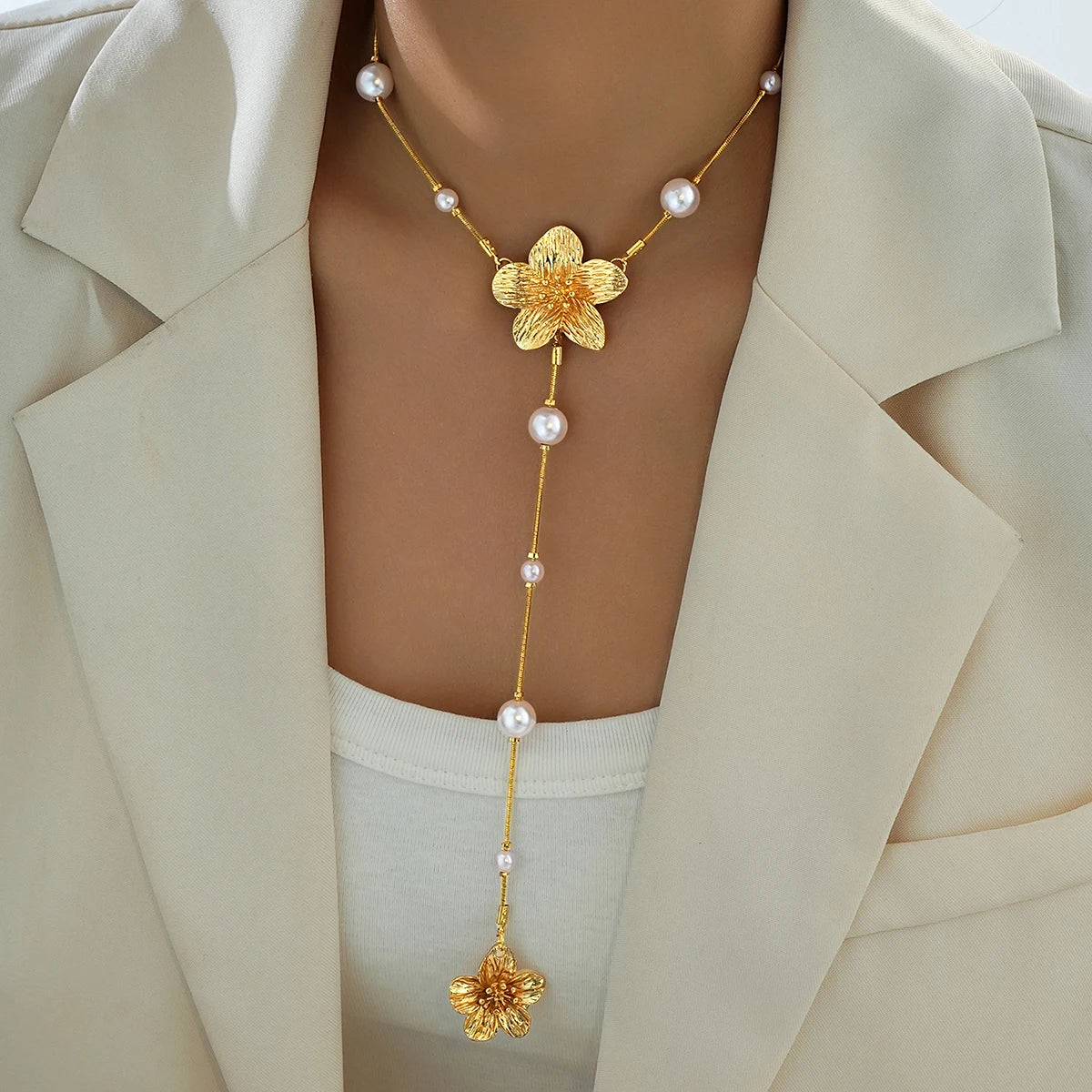 Long Tassel Imitation Pearl Flower Necklaces