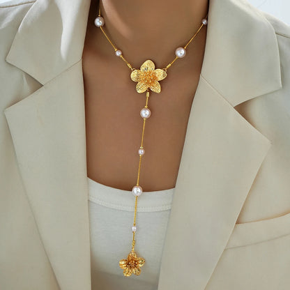 Long Tassel Imitation Pearl Flower Necklaces