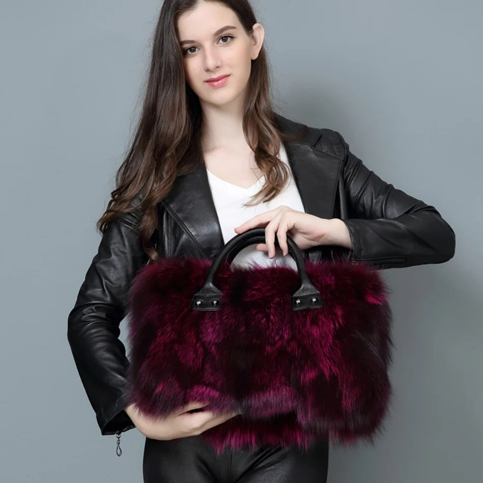 Real Fox Fur Large Size Plush Crossbody Luxury Handbags Fluffy Tote Bag