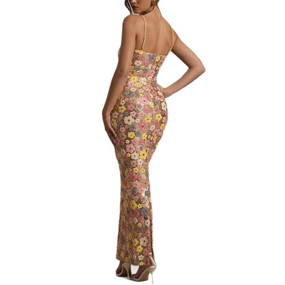 Flowers Sequin Patchwork Slim Long Dress