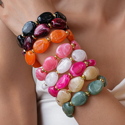 Colorful Marbled Irregular Oval Bead Elastic Bracelets