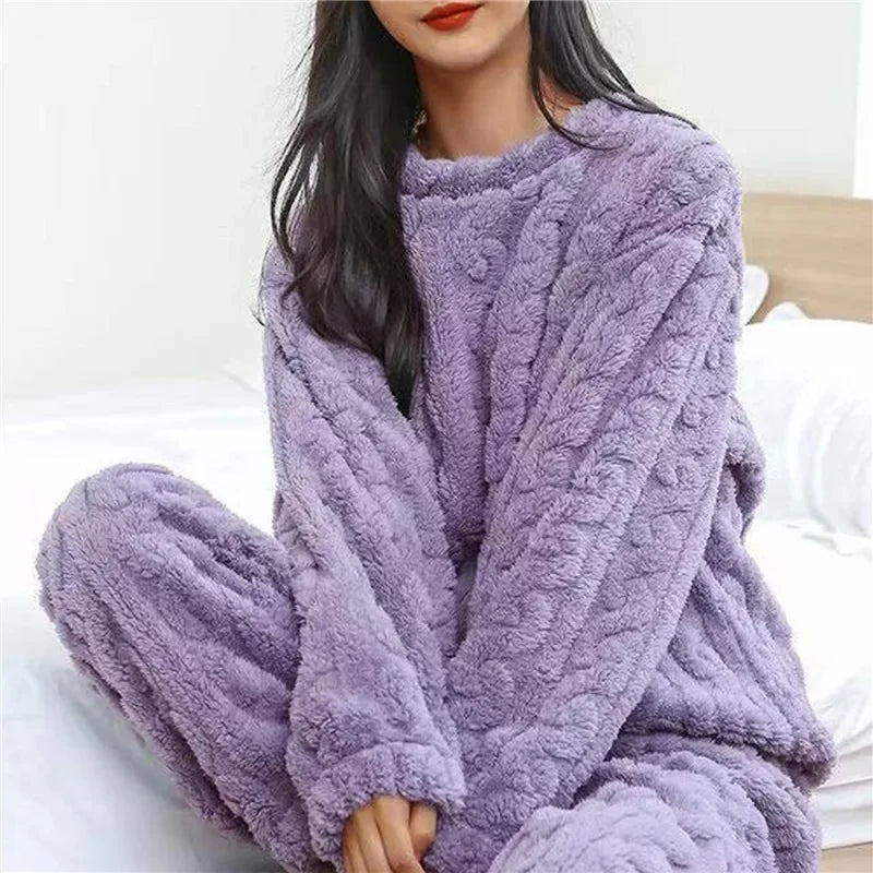 Coral Velvet Jacquard Soft Warm Winter Loungewear Pajama Sets